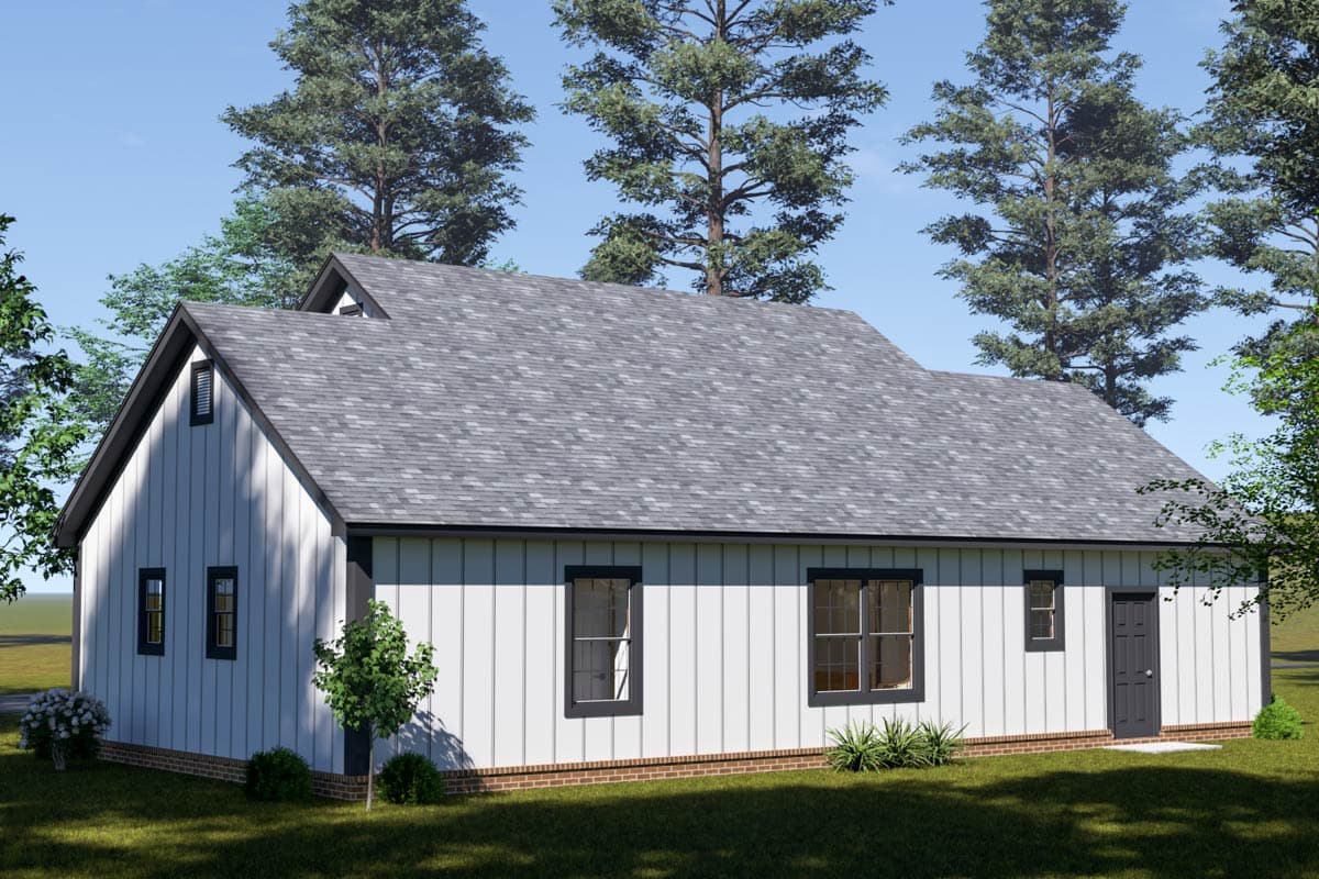 House plan exterior: Modern Farmhouse style, one story, white board and batten siding, gable roof, and dormer.