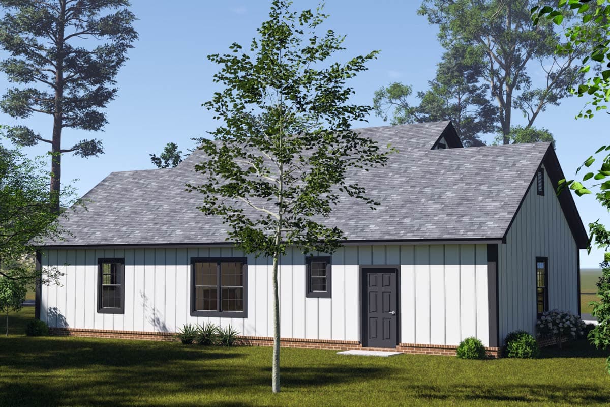 House plan exterior: one-story, white board-and-batten siding, gable roof, dark-trimmed windows, and exterior door.