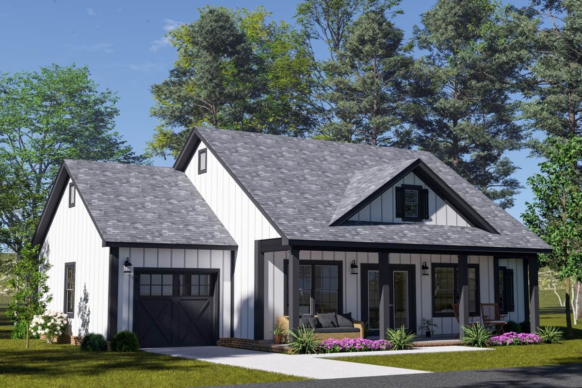 Modern Farmhouse house plan exterior with a gabled roof, front porch with dark trim, and an attached side-facing garage.
