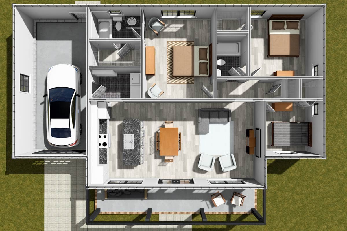 Floor plan showing 3 bedrooms, 2 bathrooms, kitchen with island, living area, and attached garage.