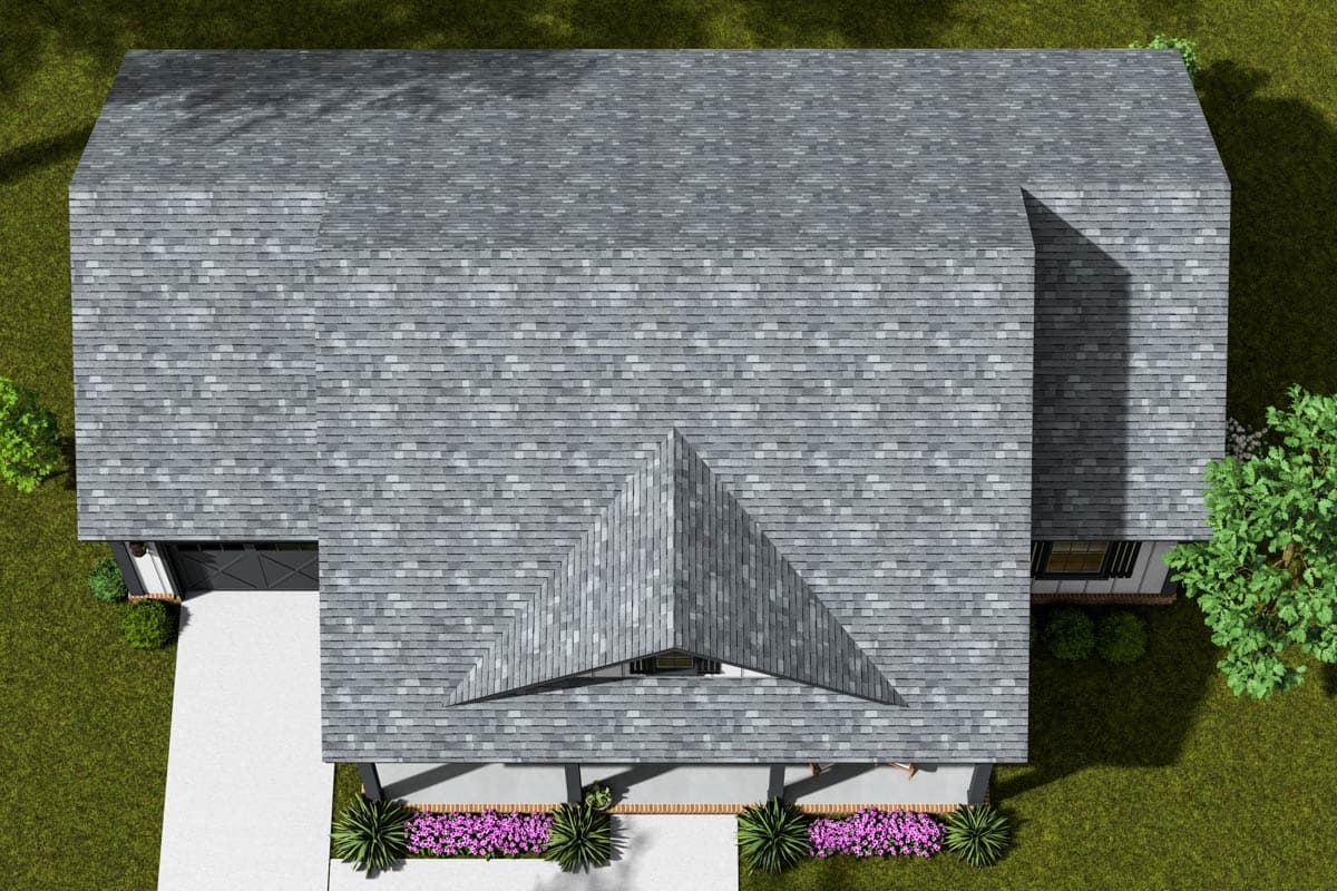 House plan exterior view showing a two-story home with a pitched roof, gables, front porch, and attached garage.