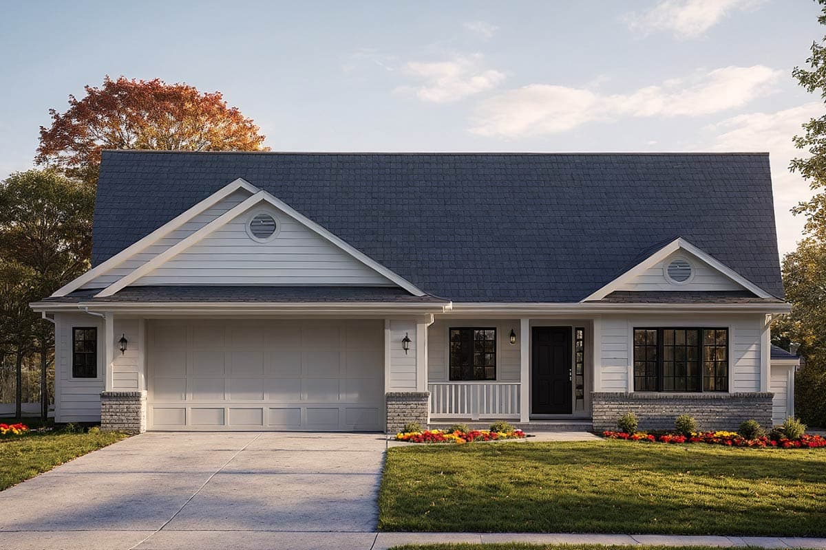 House plan exterior: One-story house with gabled roof, a front porch, and an attached garage. Features include dormers and dark trim.