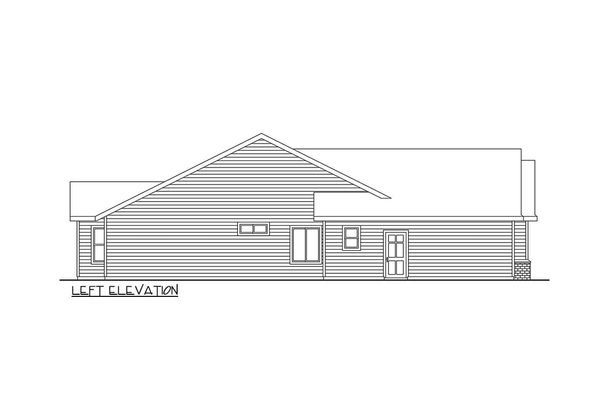 Left elevation house plan drawing showing horizontal siding, a steeply pitched gable roof, and multiple windows.