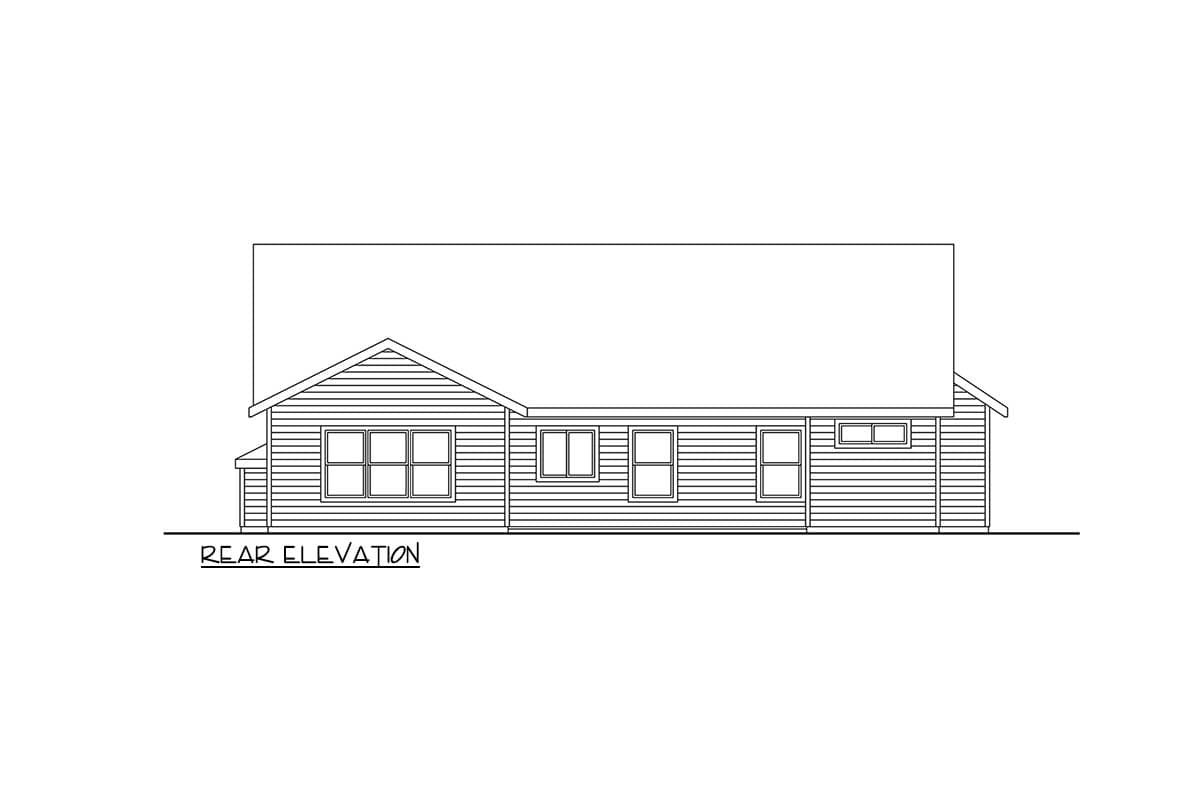 Rear elevation drawing of a single-story house with lap siding and multiple windows.