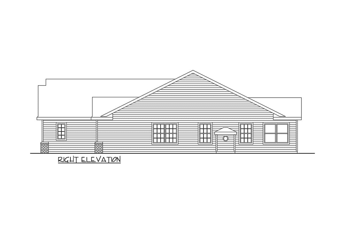 Right elevation house plan drawing with a gable roof, covered porch, and multiple windows.