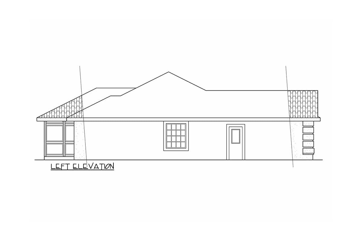 Left elevation of a house plan showing a prominent gable, tiled roof section, and a bay window.
