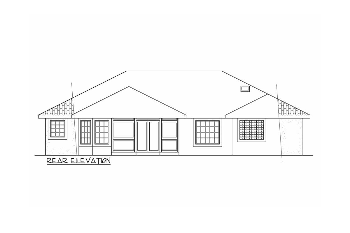 Rear elevation drawing of a single-story house plan with a hip roof and multiple windows.