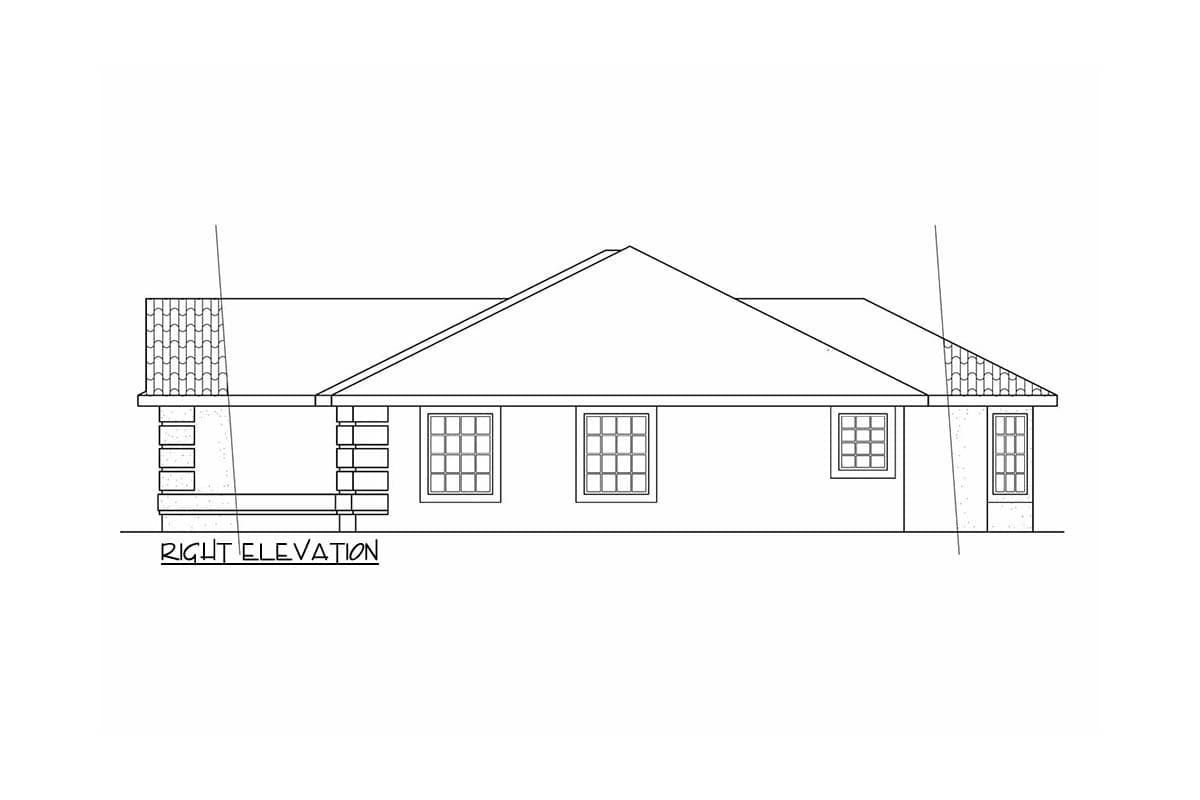 Right elevation drawing of a house plan showing a hip roof, covered porch with brick columns, and multiple windows.