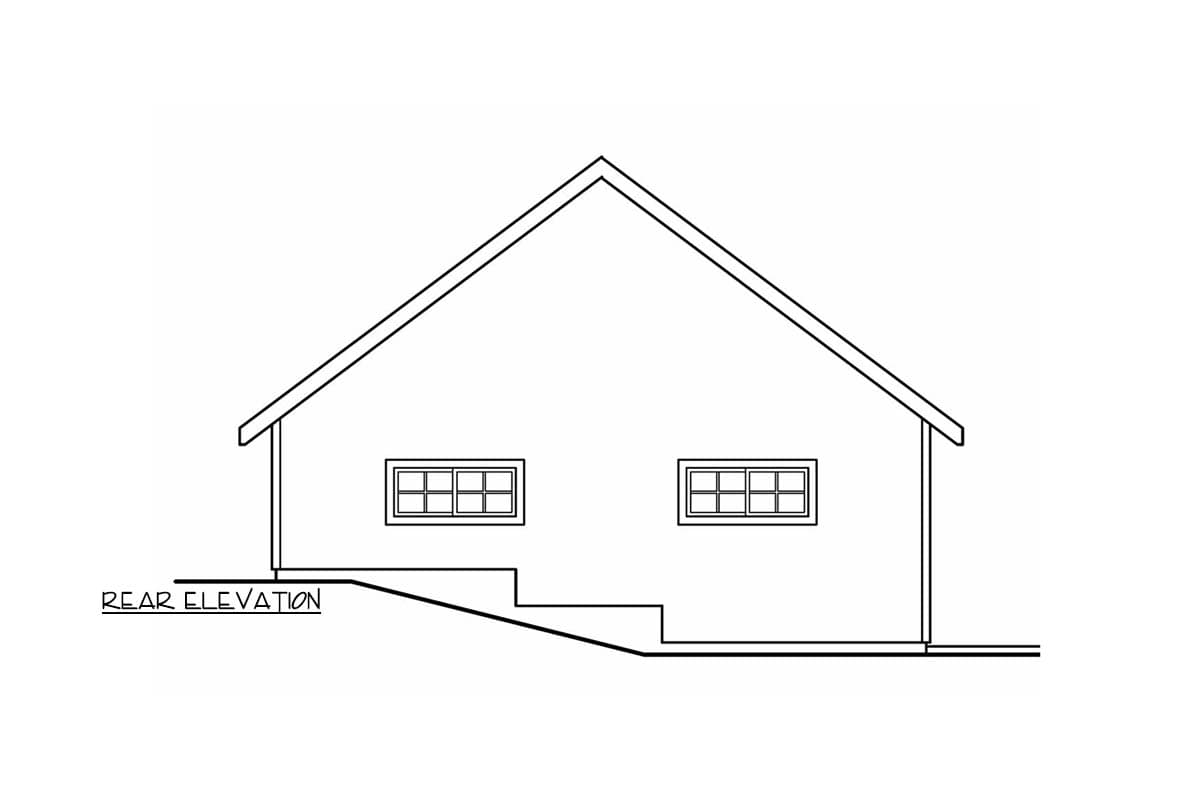 Rear elevation drawing showing a simple gable roofline and two rectangular windows.