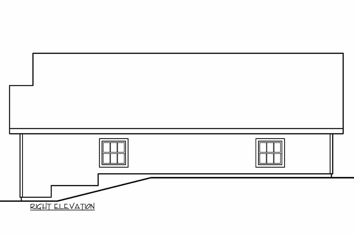 Right elevation drawing of a house plan showing two windows and a stepped foundation.