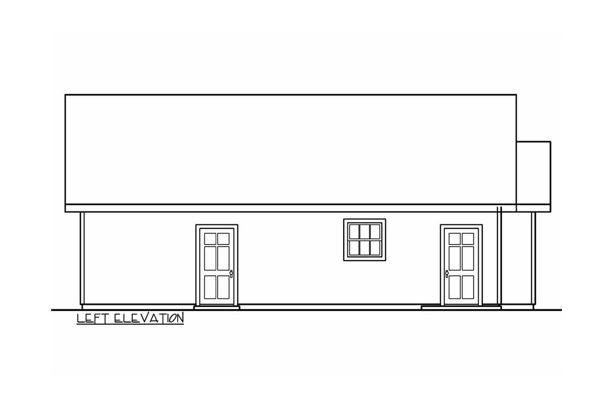 Left elevation house plan with two doors, one window, and a partial covered porch with two columns.