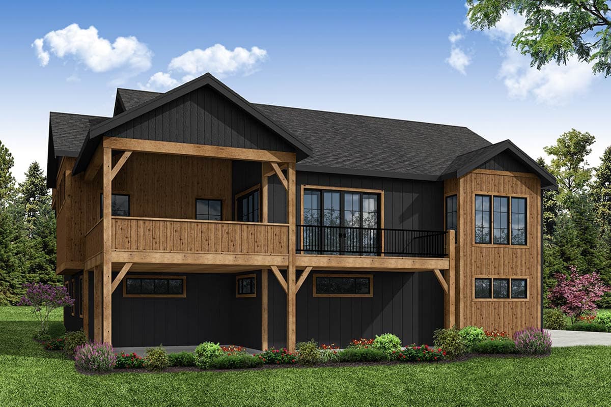 House plan exterior: Two-story modern home with gabled roof, timber accents, and wrap-around deck.
