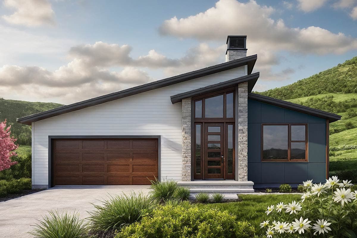 House plan exterior with modern style, one story, a gabled roof, stone facade entry, and a garage.