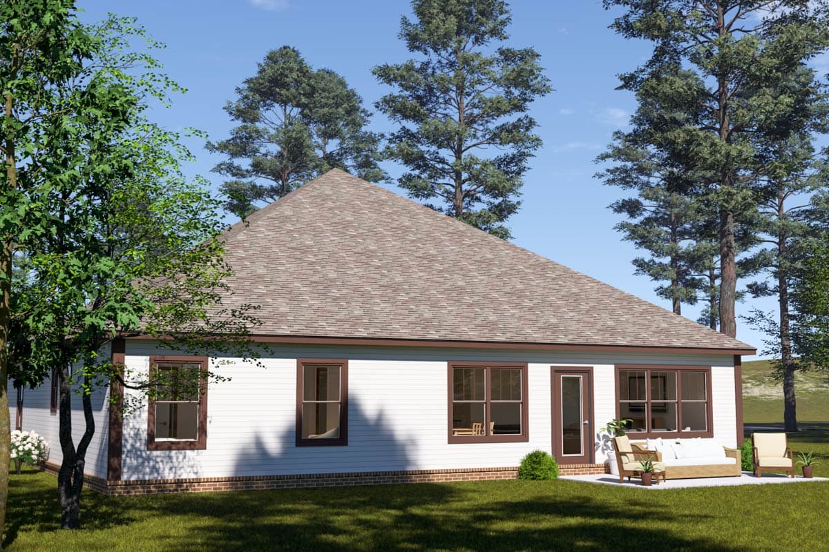 House plan exterior view of a single-story home with white siding, a large gable roof, and multiple windows.