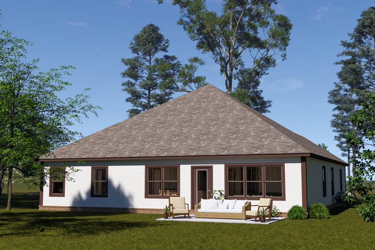 House plan exterior: Single-story home with a prominent gable roof, white siding, and numerous windows.