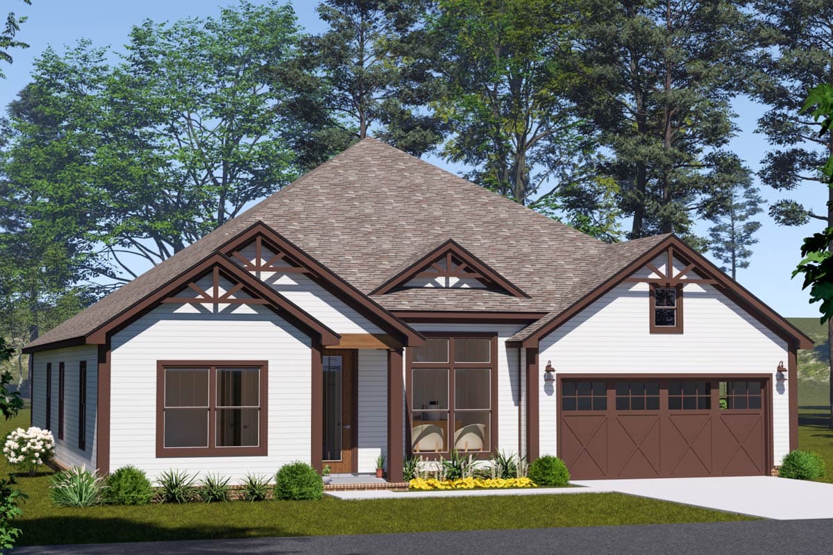 House plan exterior: Craftsman style, one story, with prominent gables, decorative truss details, and a two-car garage.