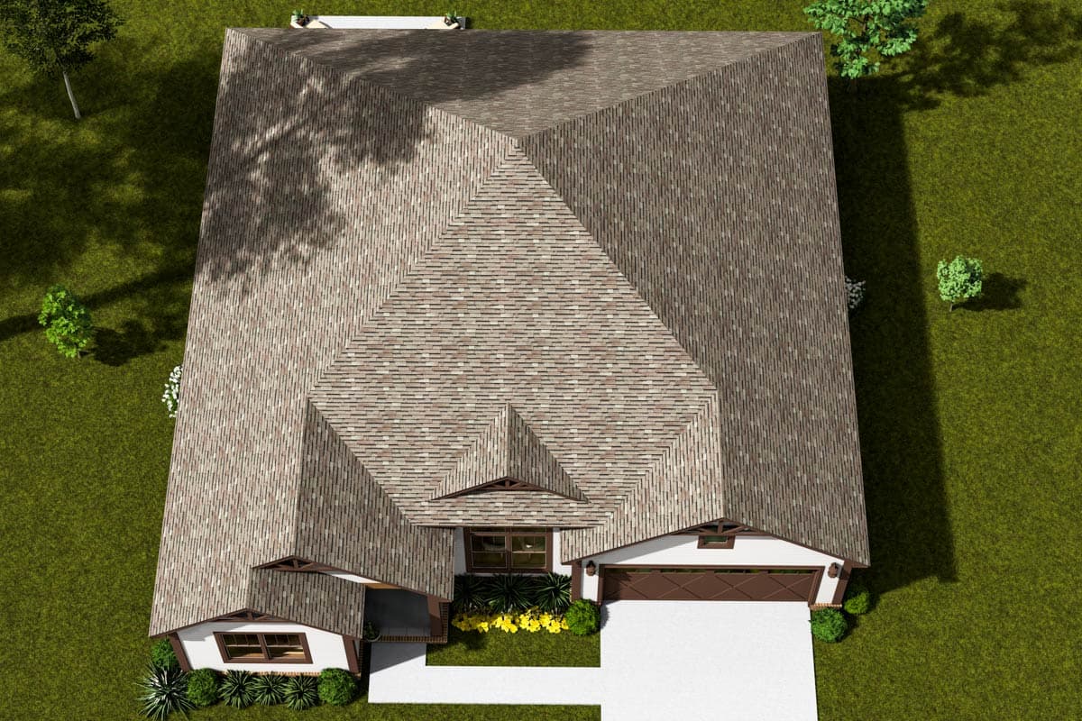 House plan exterior, single-story with hip rooflines, front-facing garage, and covered entry.