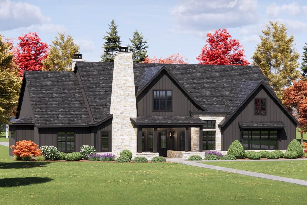House plan exterior: Modern Farmhouse style, two stories, prominent stone chimney, covered entry porch, dark vertical siding, and gables.