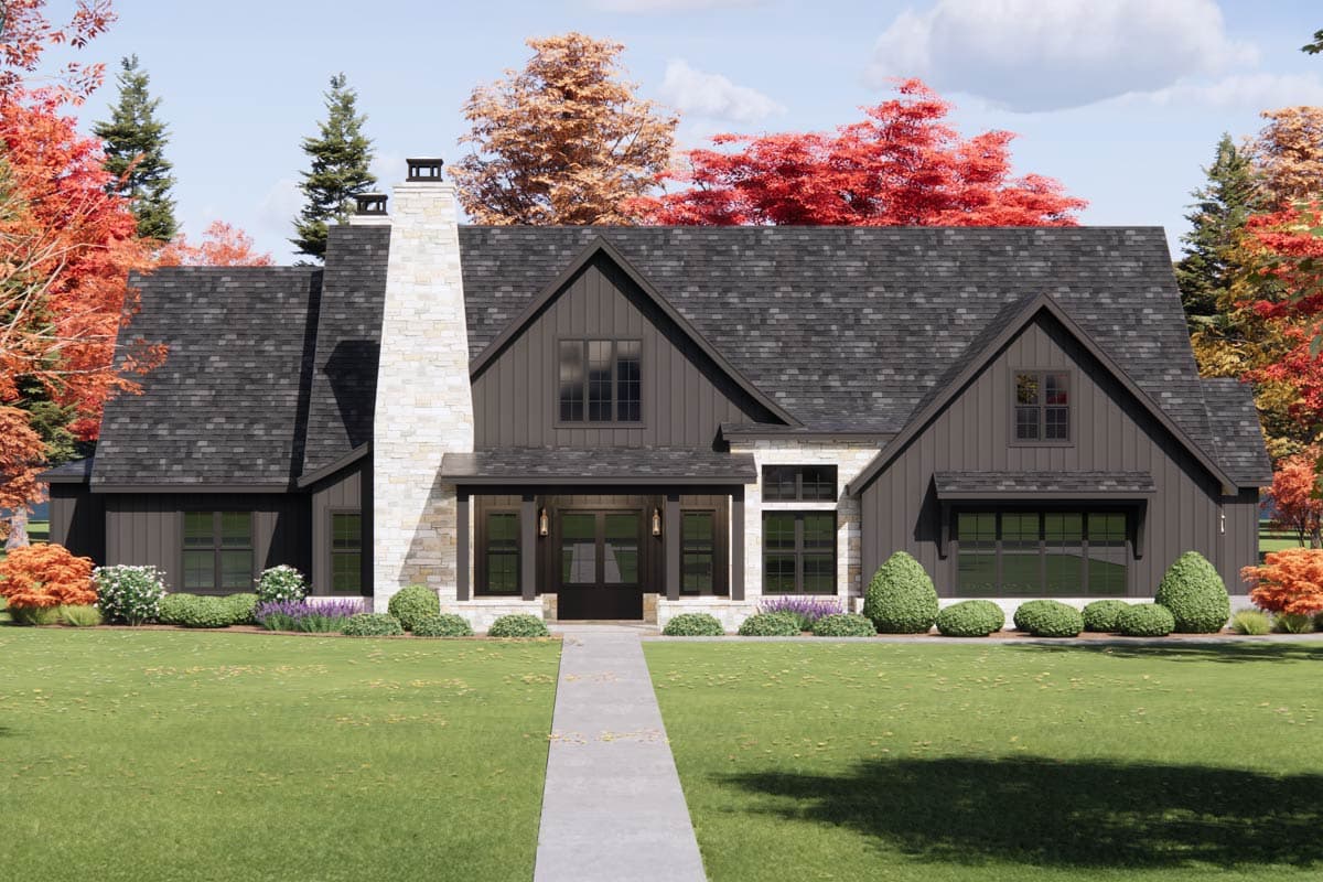 House plan exterior: Modern Farmhouse style, 1.5 stories, with a prominent stone chimney, gabled rooflines, and covered front porch.