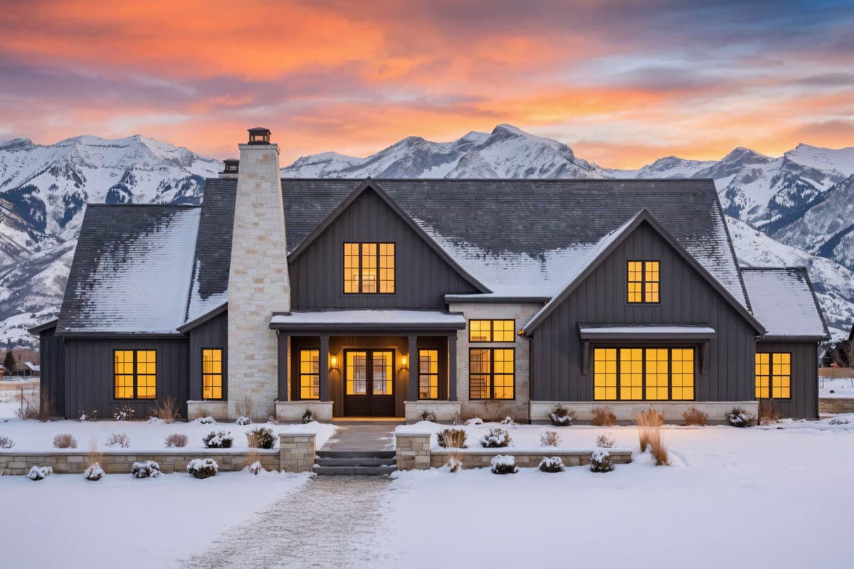 Modern Farmhouse house plan exterior with prominent stone chimney, multiple gables, and large grid windows.