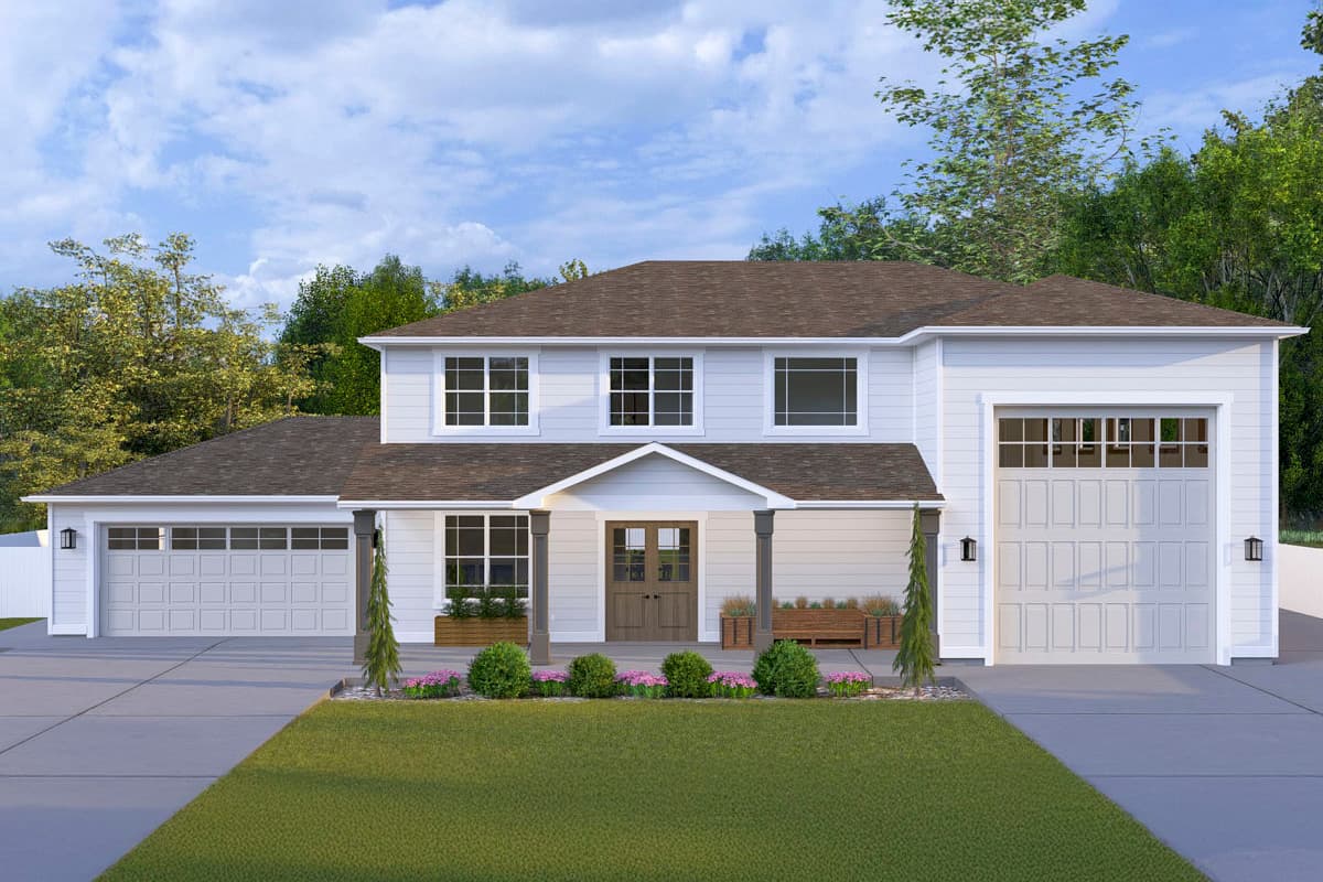 House plan exterior with two stories, a front-facing attached garage, and a covered front porch supported by columns. The roof has multiple gables.