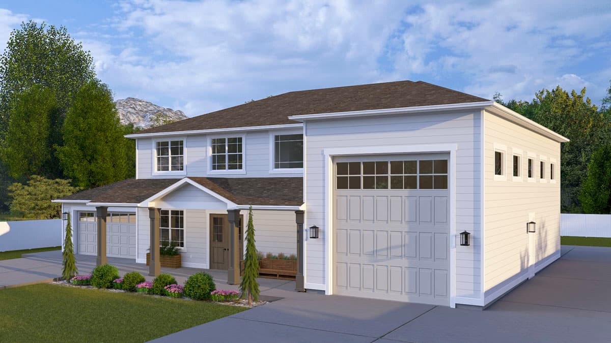 Two-story Modern Farmhouse house plan exterior with a gabled entry porch, dual garage doors, and horizontal siding.