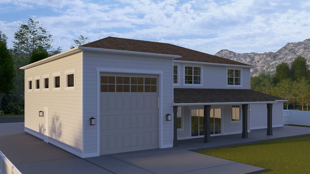 Two-story house plan exterior with attached garage, covered porch with columns, and upper-level windows.