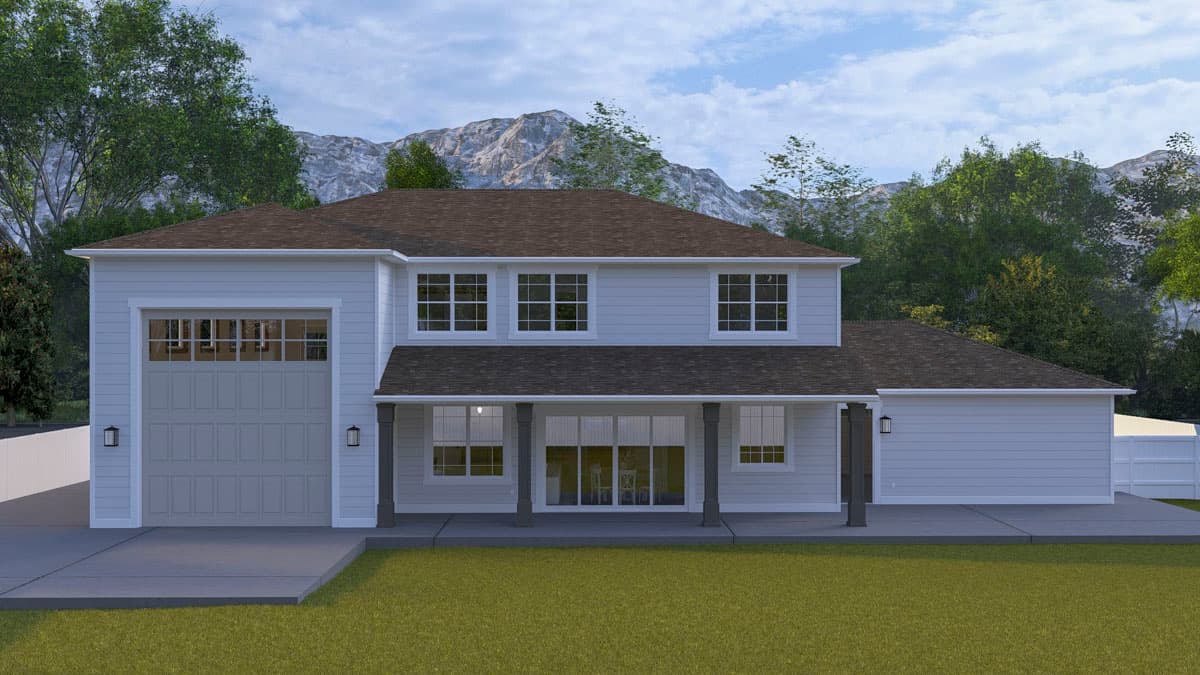 Two-story house plan exterior with attached garage, covered porch with columns, and multiple windows.