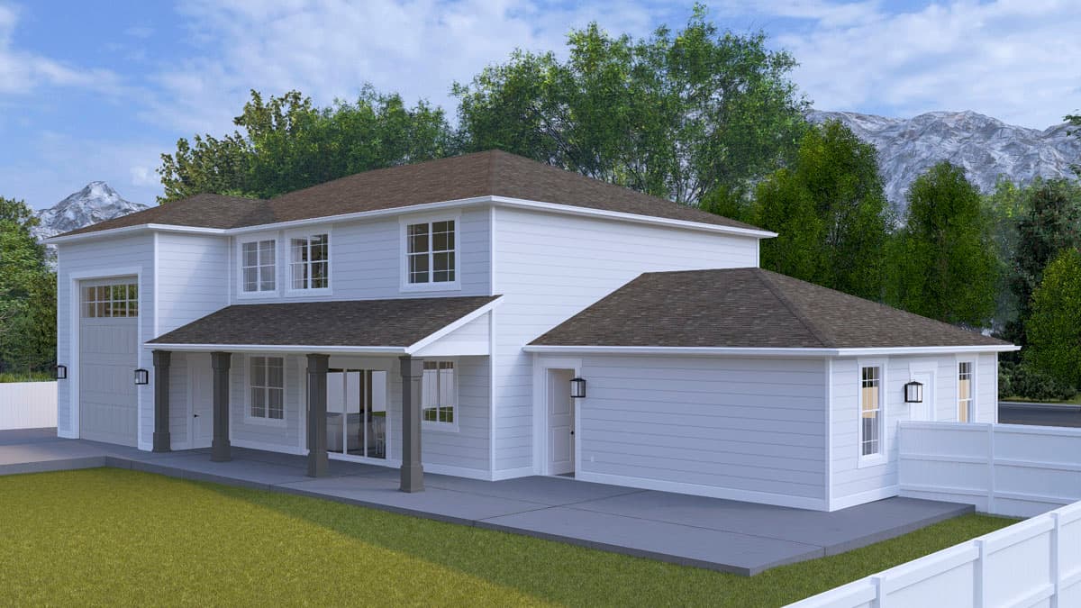 Two-story house plan exterior with a front-facing garage, covered porch with columns, and multiple gables.