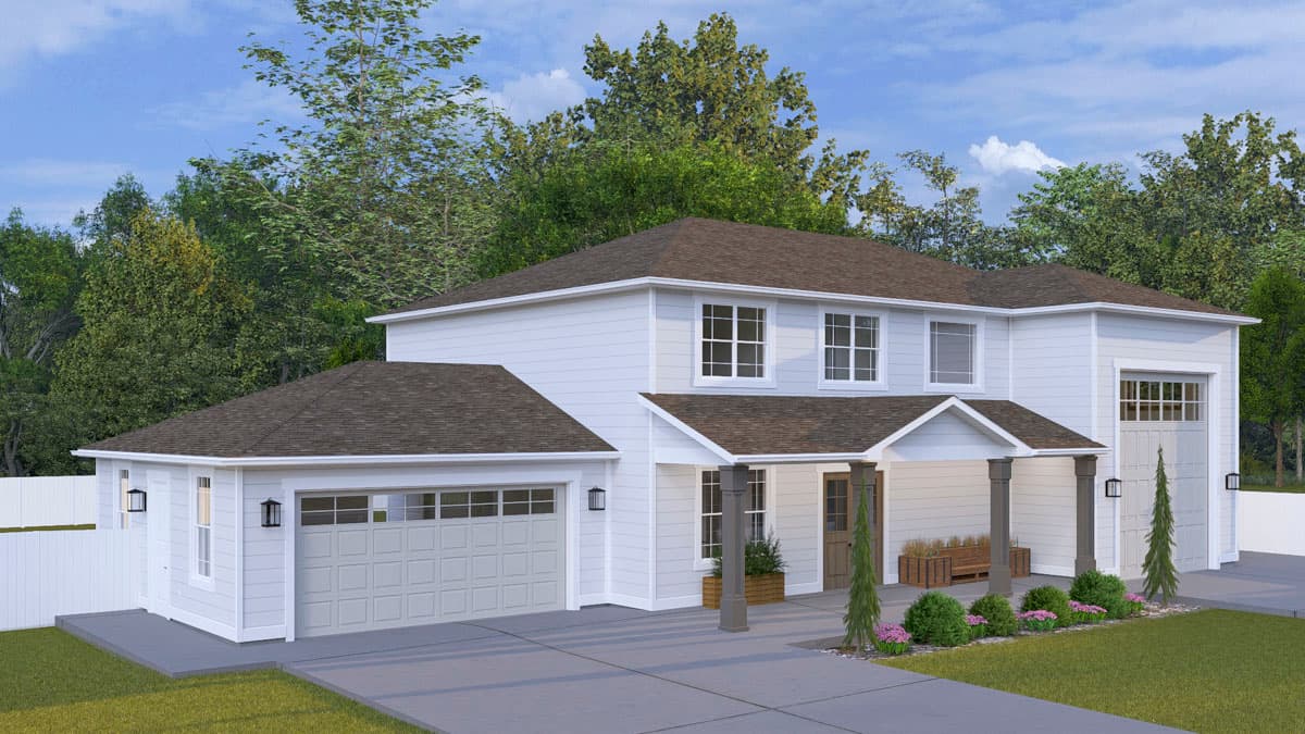 House plan exterior: Two-story Modern Farmhouse with attached two-car garage, front porch with columns, and gabled rooflines.