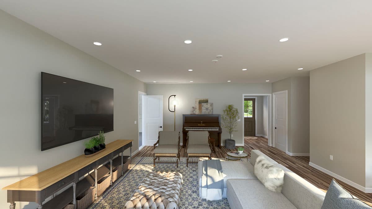 Living room rendering with a wall-mounted TV, piano, seating area with ottoman, and doorways to other rooms.