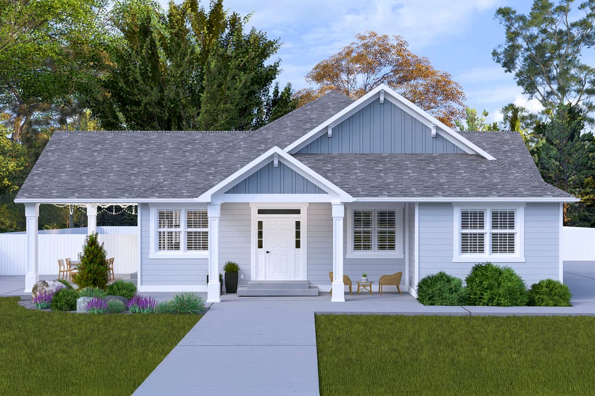 House plan exterior with Craftsman style, single story, and a gabled roof. Features include a front porch and a covered side porch.