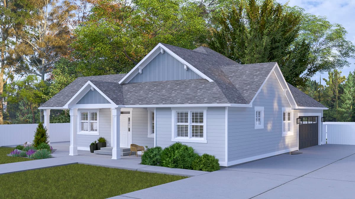 House plan exterior: One-story modern farmhouse with gables, a covered front porch, and an attached garage.