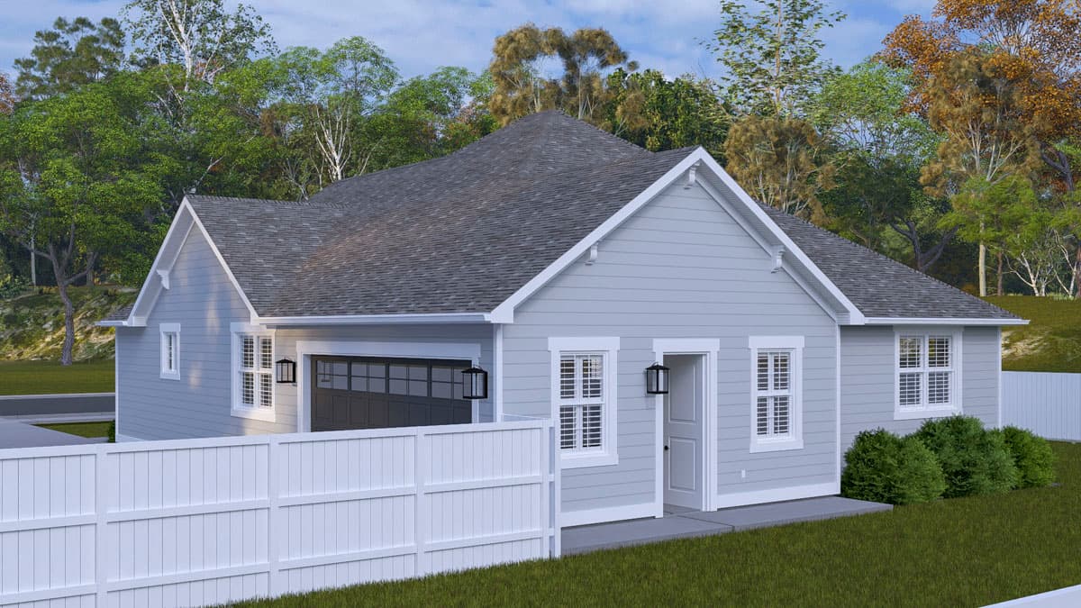 House plan exterior: Ranch style, single story with gabled roof, attached garage, and covered entry.
