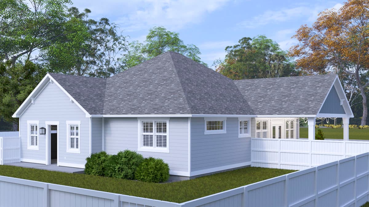Ranch house plan exterior with gabled dormers, a covered porch, and horizontal siding.
