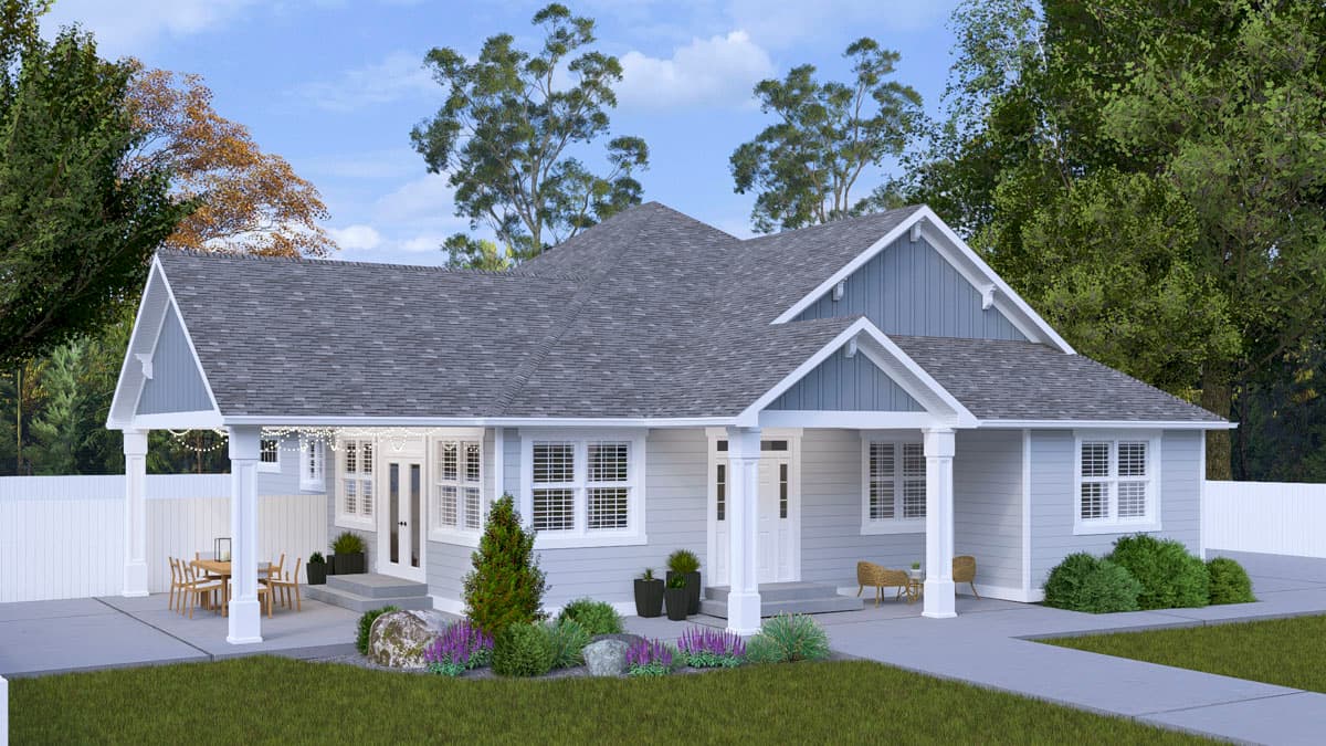 House plan exterior rendering of a one-story Modern Farmhouse with gables, a covered porch, and a patio with an outdoor dining set.