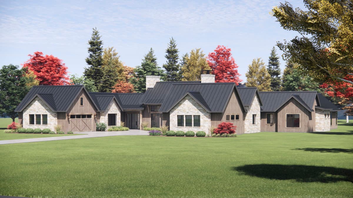A large modern home with multiple gabled roof sections, stone and wood siding, set against a backdrop of colorful trees and a bright sky.