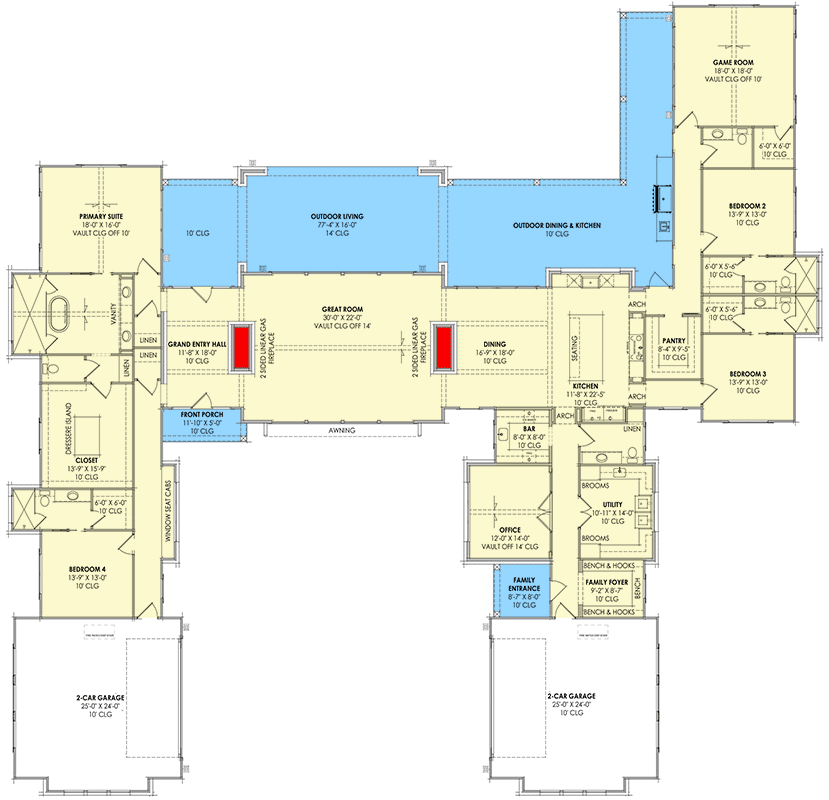 Plan 818183JSS: Luxurious Hill Country House Plan with 4 Beds and Expansive Outdoor Living - Floor Plan - Main Level - Contemporary, Hill Country, Modern, Transitional