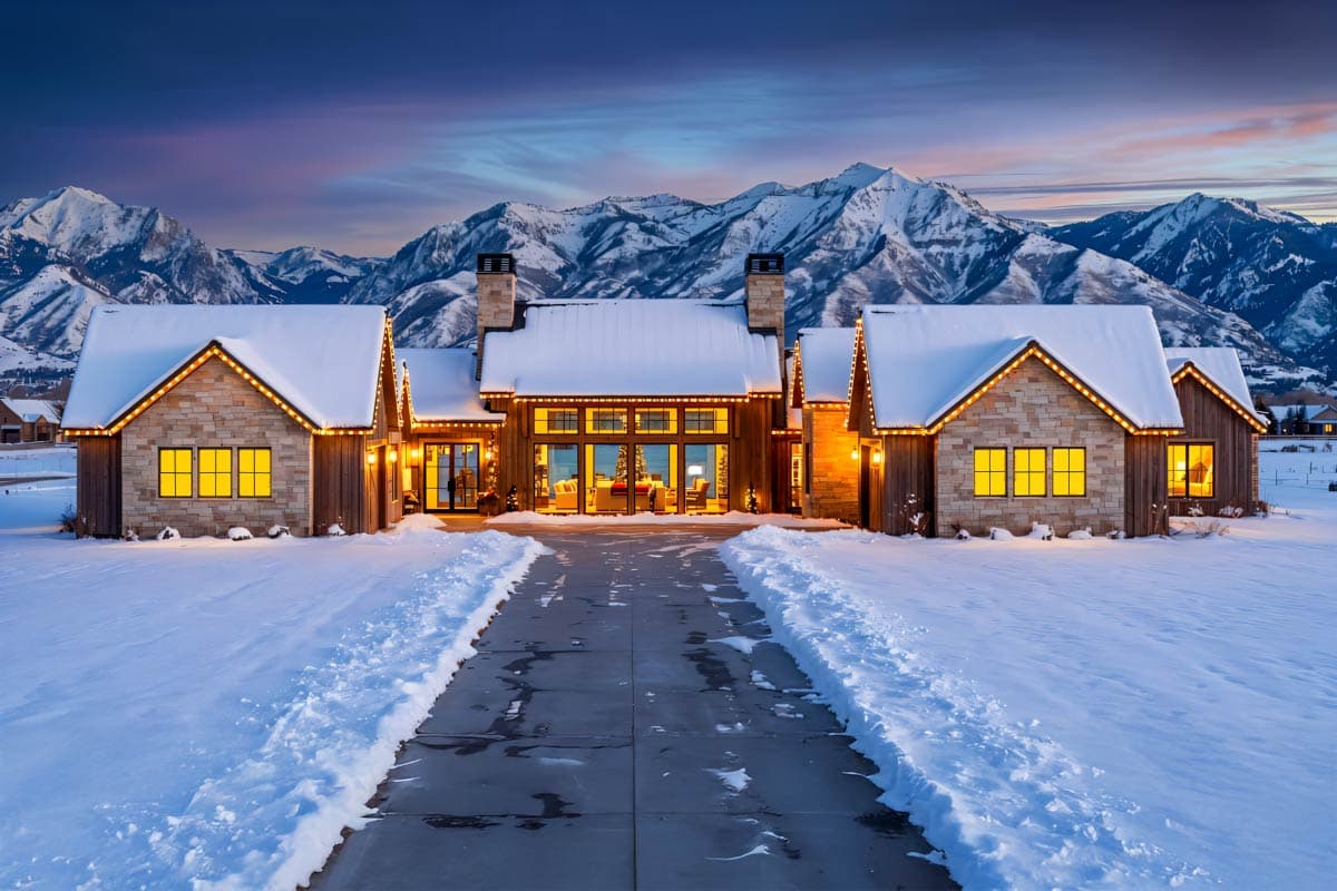 A large, snow-covered house with lit windows and a string of lights along the roofline, mountains in the background, a snowy driveway.