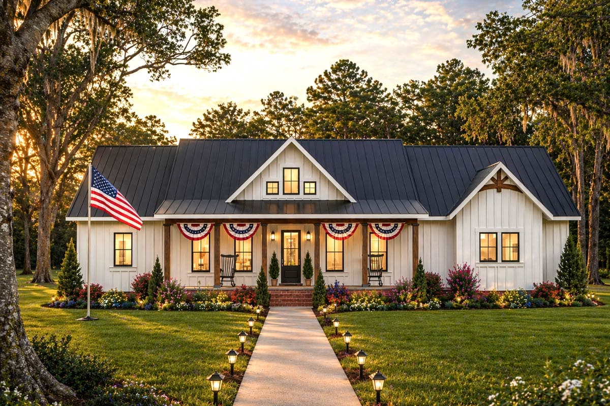 Modern Farmhouse house plan exterior with a prominent gable, metal roof, wraparound porch, and board and batten siding.