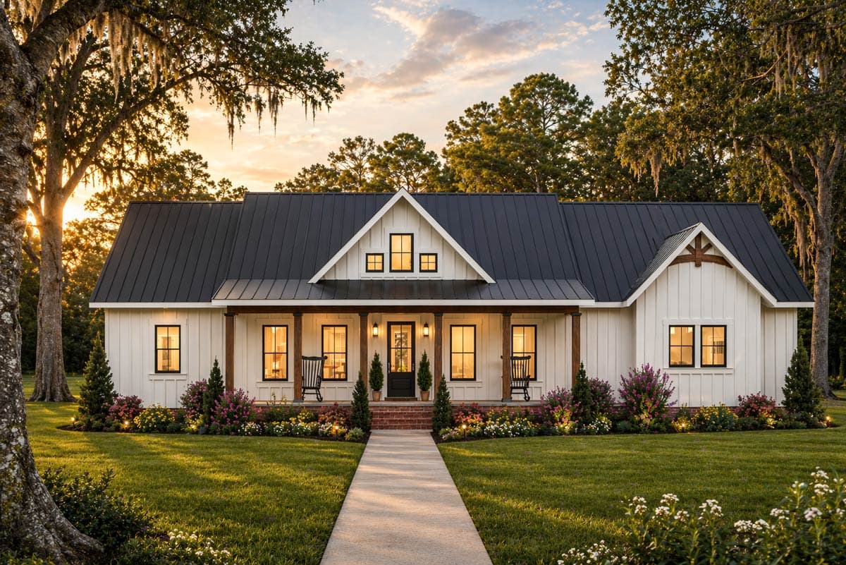 Modern Farmhouse house plan exterior with a metal roof, gabled dormers, and a covered front porch with wood columns.