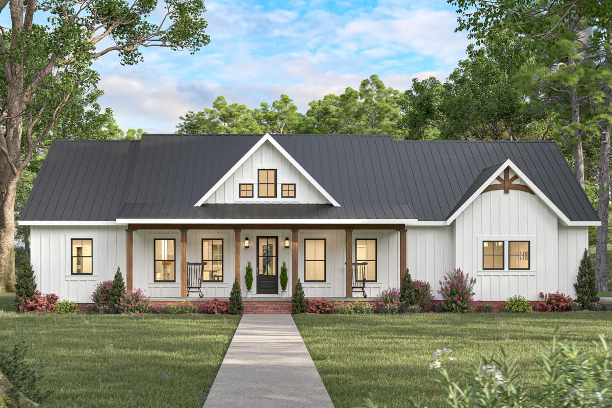 House plan exterior. Modern farmhouse style with a single story, a wraparound porch, and multiple gables. Features a black metal roof.