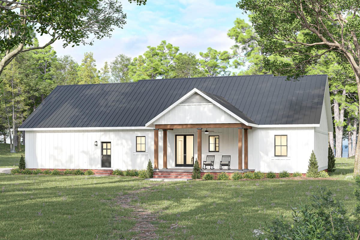 Modern Farmhouse house plan exterior with white board and batten siding, gabled entrance, and dark metal roof.