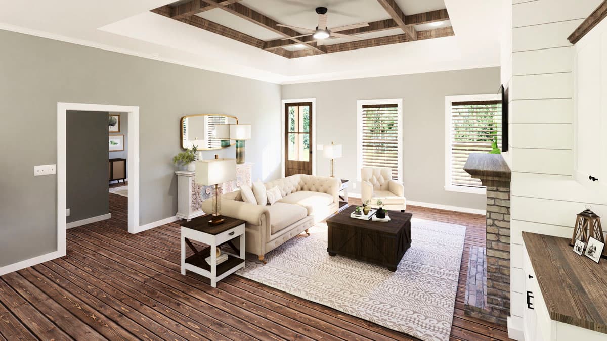 Living room rendering with coffered ceiling, tufted sofa, fireplace, and wood plank floors.