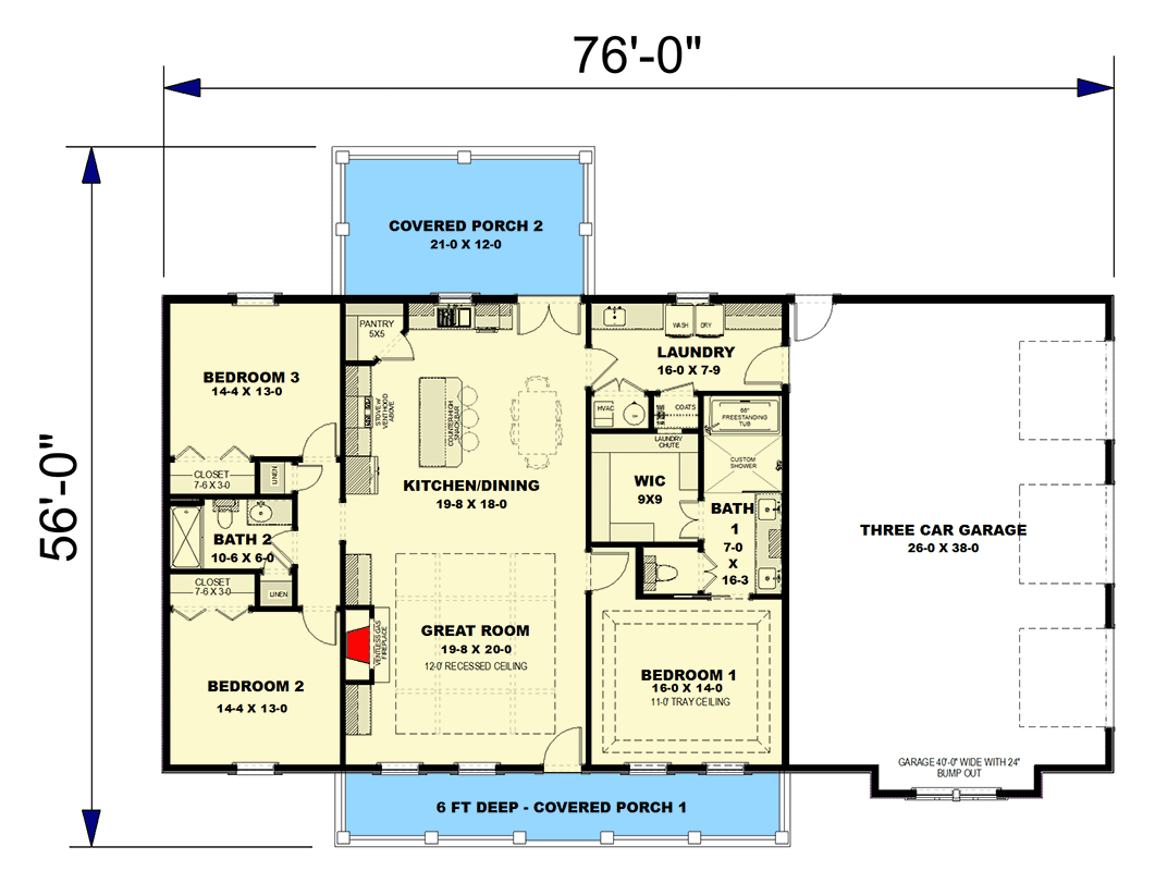 Plan 25074DH: Modern Farmhouse Ranch House Plan with 3 Beds and 3-Car Garage - Floor Plan - Main Level - Farmhouse, Modern Farmhouse, New American, Ranch