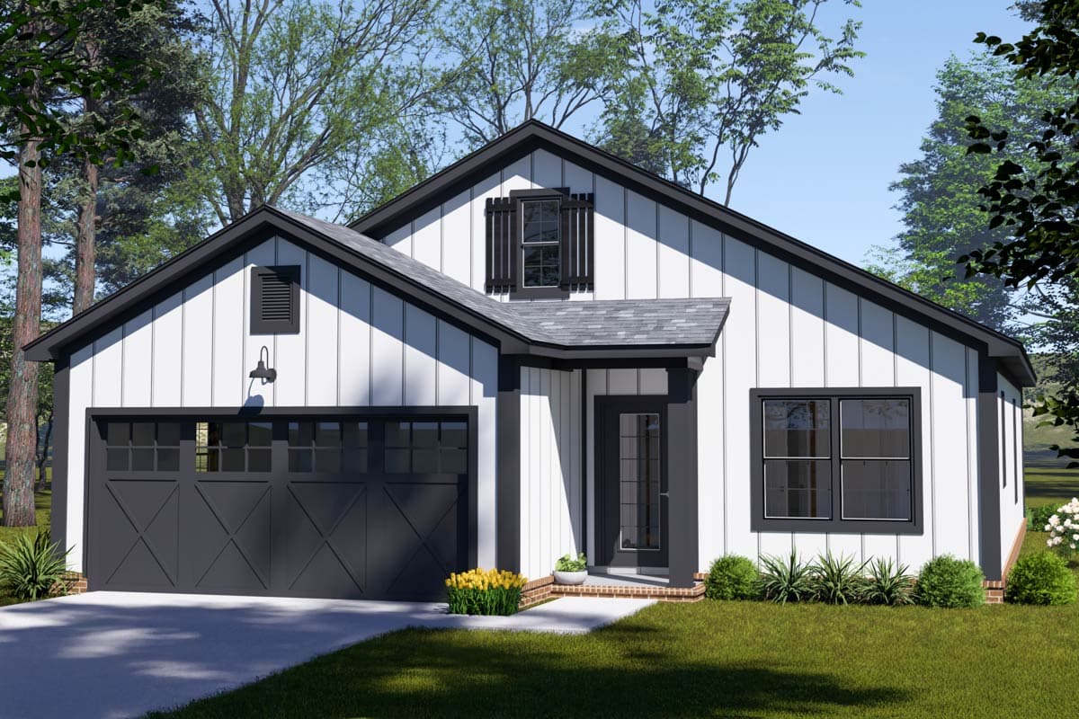 House plan exterior with board and batten siding, a gable roof, and a single-car garage. Features include a front porch and dormer window.
