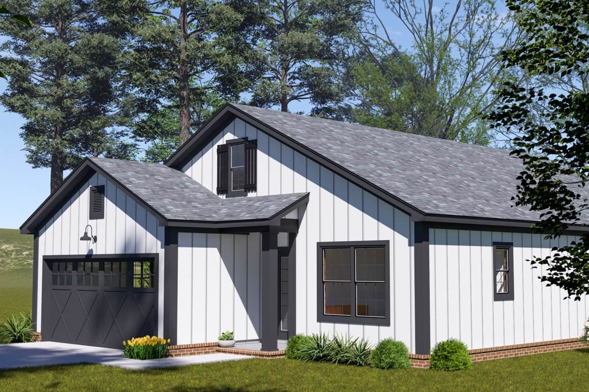 House plan exterior: Modern Farmhouse style, one story, white board and batten siding, dark trim, gabled dormer, and attached garage.