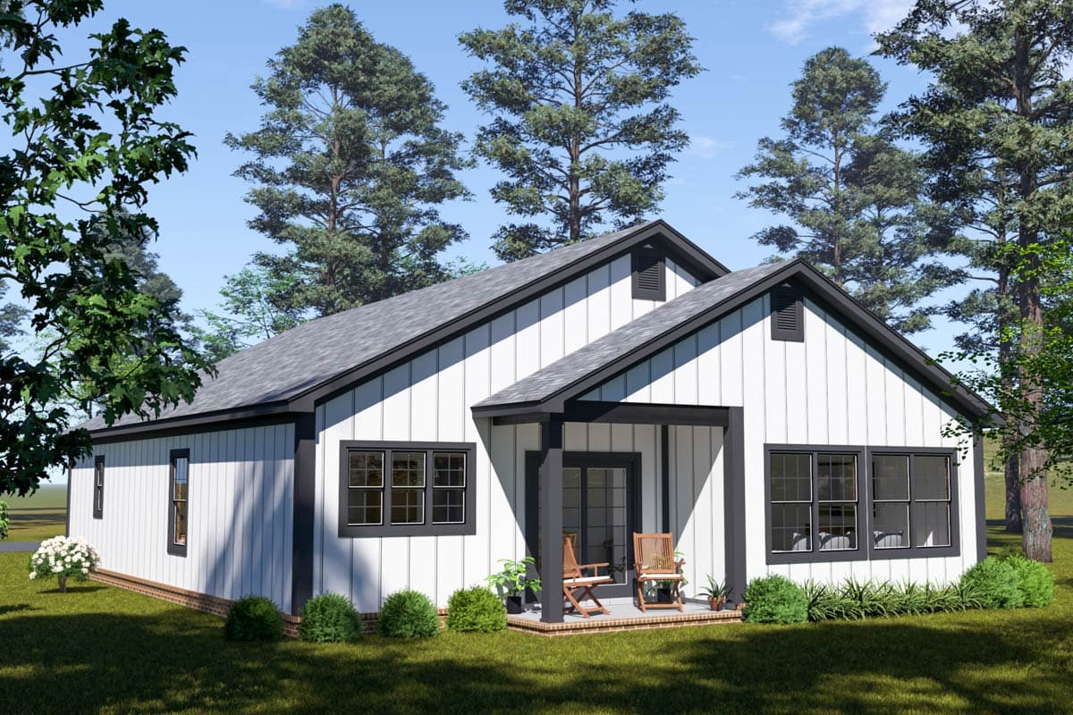 Modern Farmhouse house plan exterior: single story with board and batten siding, gable roof, and covered front porch.