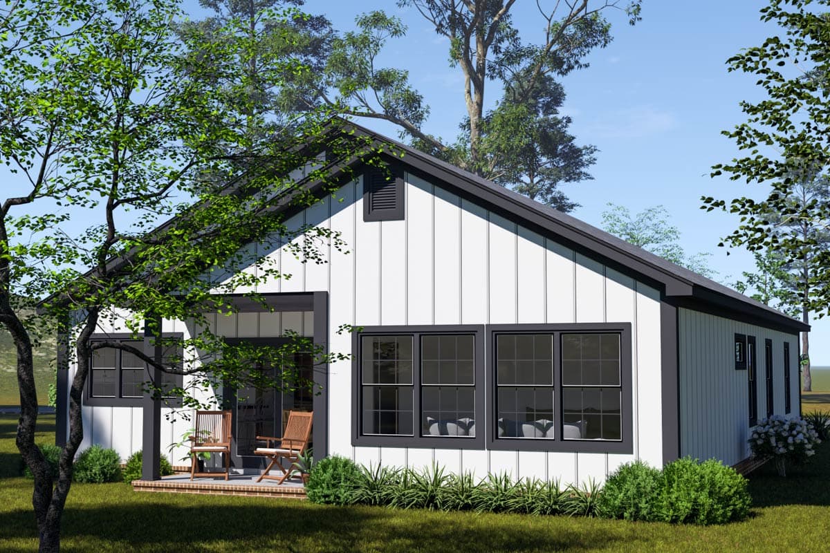 Modern Farmhouse house plan exterior with vertical siding, prominent gables, a covered porch, and multiple grid windows.