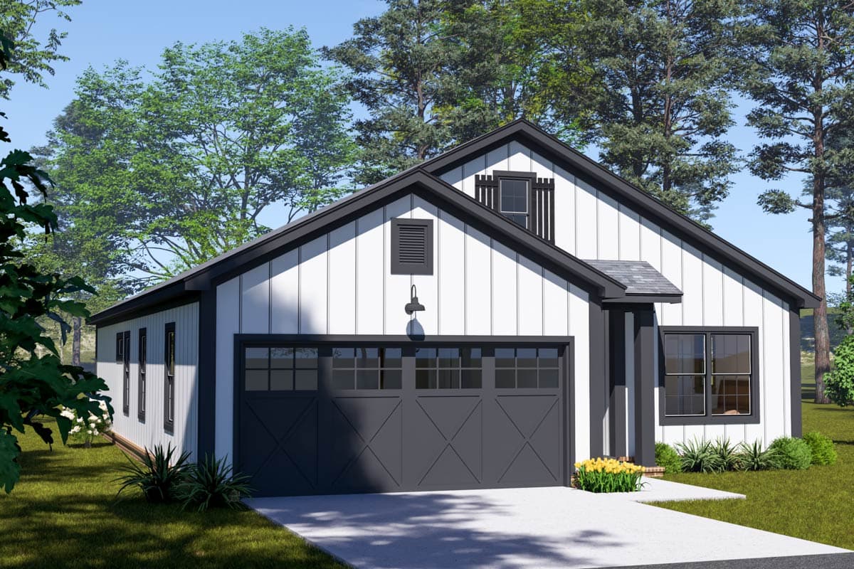 Modern Farmhouse house plan exterior, one story, white board and batten siding, dark garage door, gabled roof, and dormer.